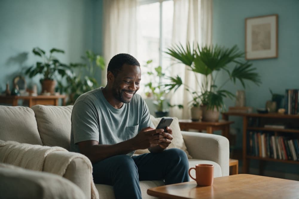 Homem em casa recebendo os documentos da consulta no celular